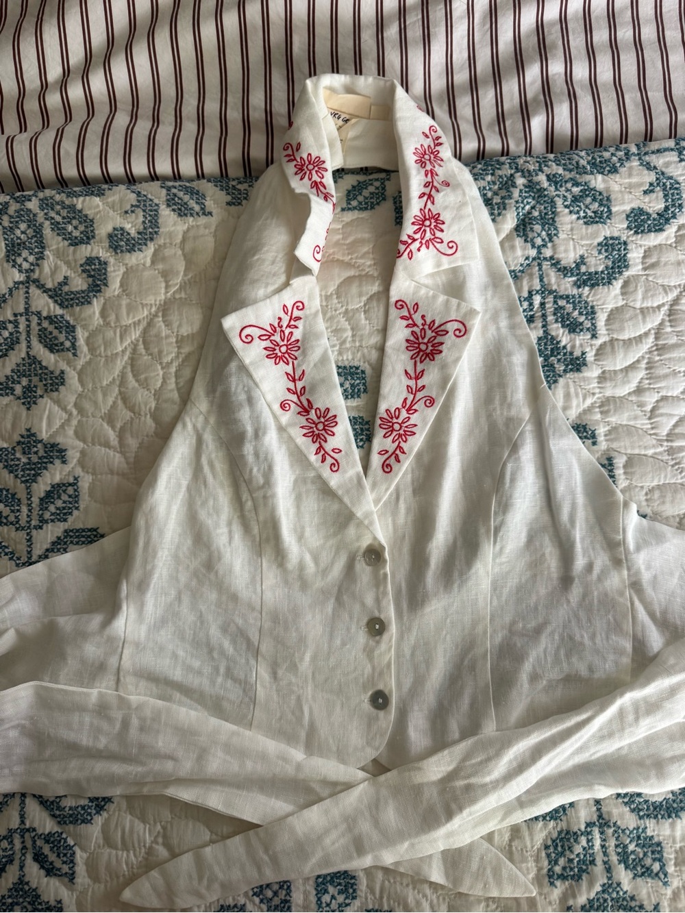 White Linen Halter Vest with Red Embroidered Collar